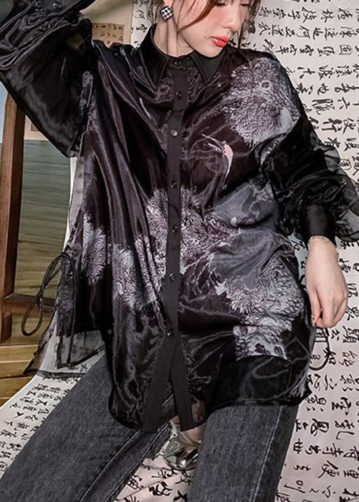 Stylish Black Layered Patchwork Red-crowned Crane Print Tulle Shirts Fall