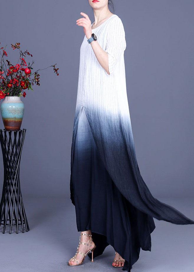 Striped Tie Dye Asymmetrical Design Cotton Linen Summer Dress