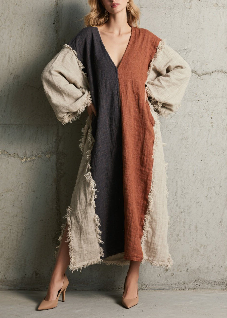 Colorblock V Neck Tassel Patchwork Cotton Dress Fall