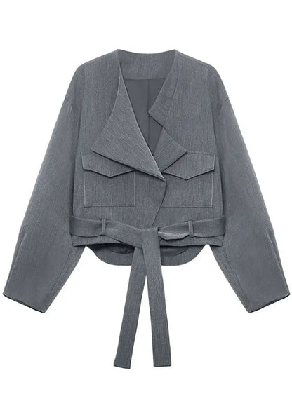 Unique Grey Loose Pockets Tie Waist Fall Long Sleeve Coat