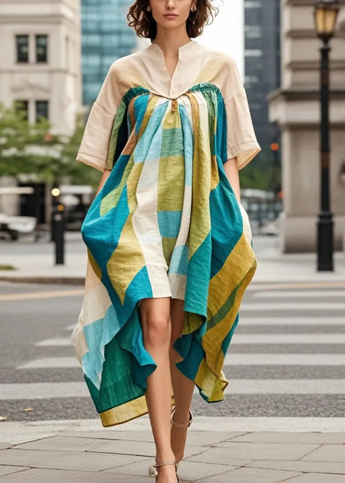 Khaki Asymmetrical Print Cotton Robe Dresses Summer