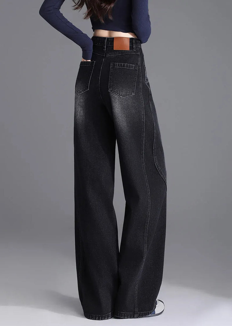 Unique Black Pockets Patchwork Denim Pants Spring