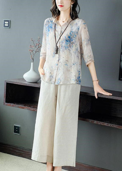 Loose Peter Pan Collar Print Linen Shirt and Wide Leg Pants Two Pieces Set Half Sleeve