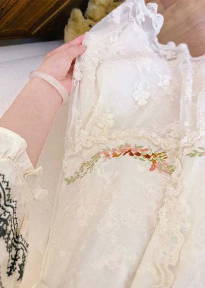 Beige Embroidered Elastic Waist Patchwork Tulle Skirt Spring