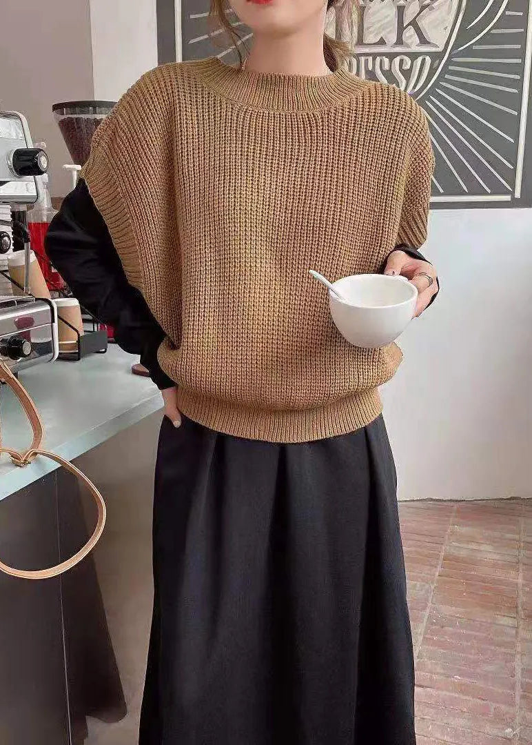 Classy Khaki Knit Vest and O-neck Long Dresses Cotton Two Piece Set Spring