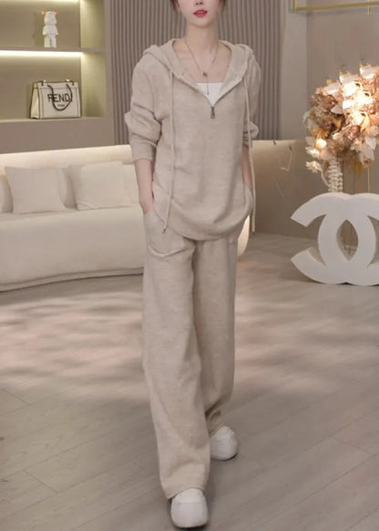 Apricot Hooded Tops and Pants Cotton Two Piece Set Winter