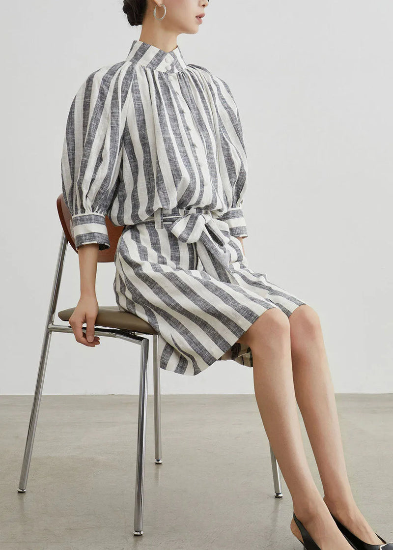 Stylish Grey Stand Collar Striped Cotton Two Pieces Set Summer