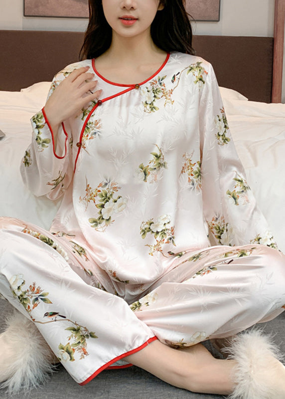 Chinese Style Beige O-neck Print Patchwork Ice Silk Two Pieces Set Long Sleeve