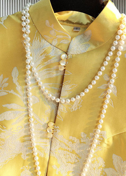 Diy Yellow Stand Collar Button Side Open Jacquard Satin Vest Spring