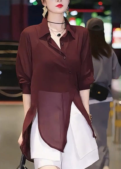 Italian Mulberry Asymmetrical Patchwork Chiffon Shirts Summer