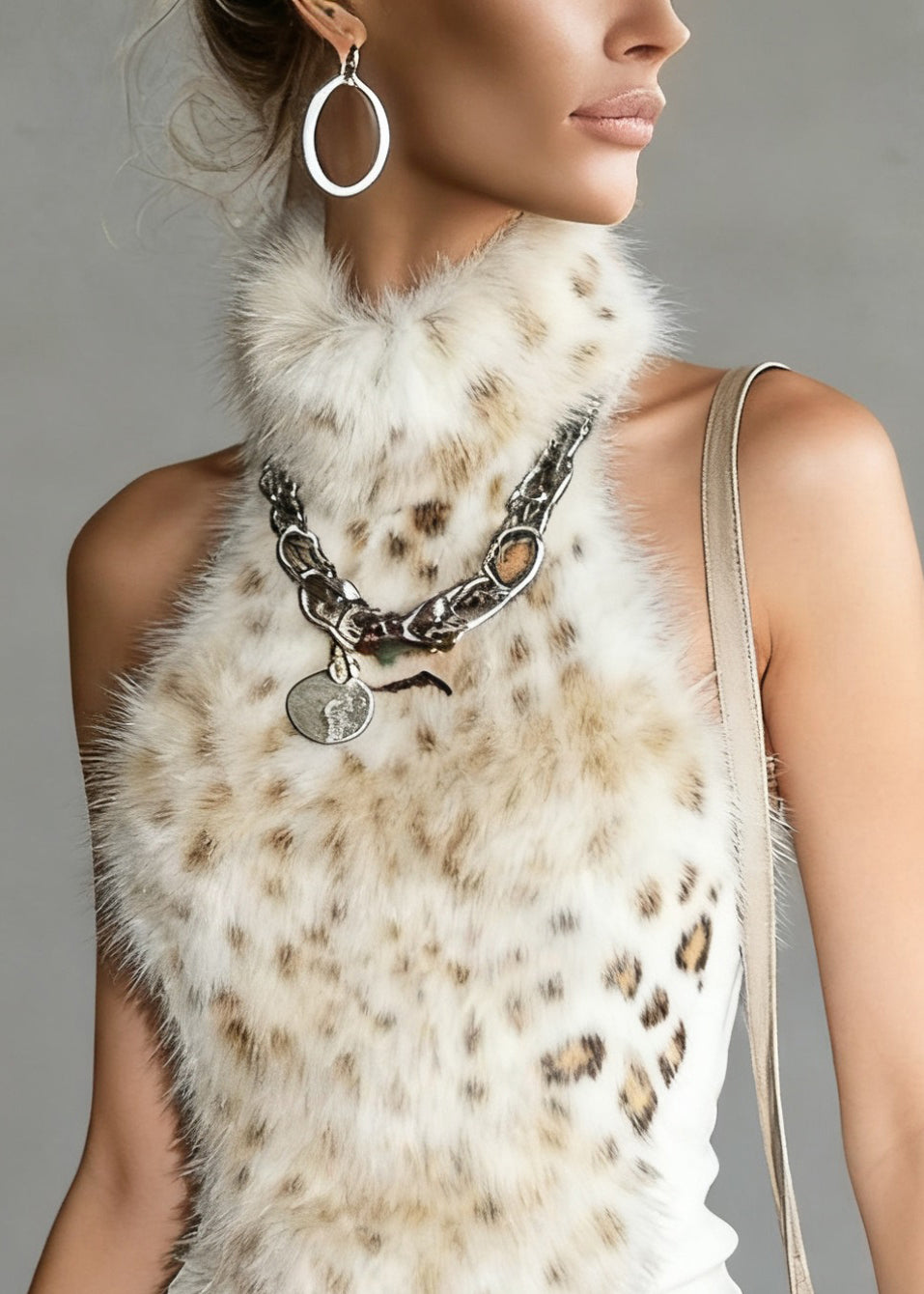 Leopard Turtleneck Fluffy Patchwork Tank Sleeveless