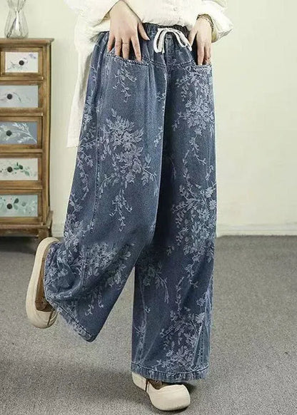 Jacquard Light Blue Pockets Tie Waist Wide Leg Jeans Trousers Spring