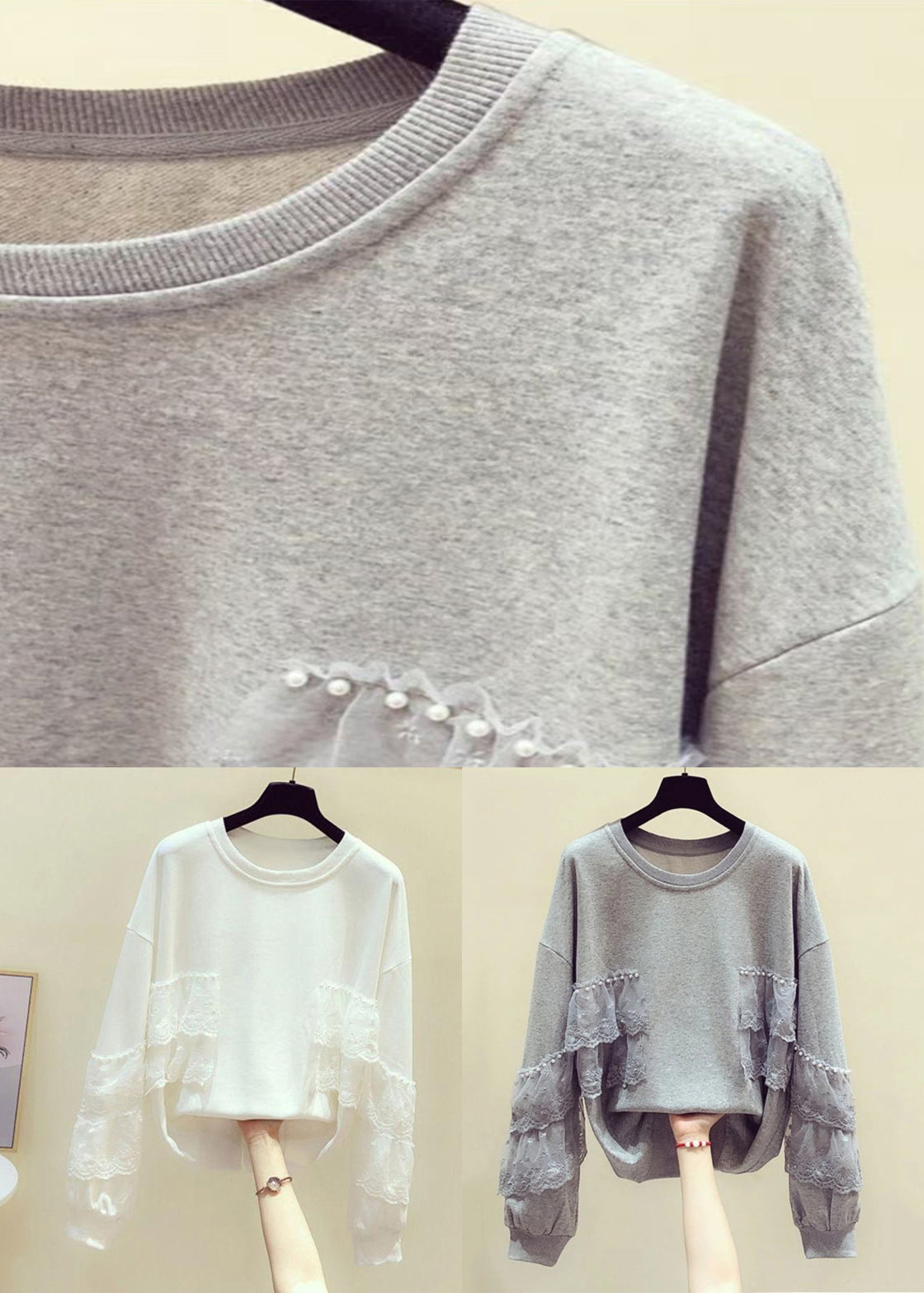 Loose Grey Pearl Lace Patchwork Cotton Spring