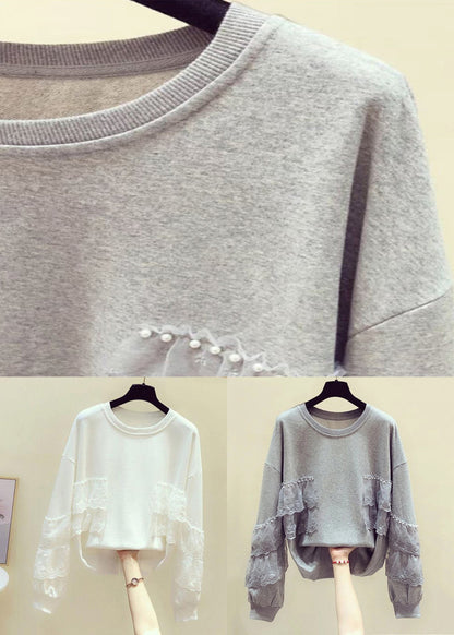 Loose Grey Pearl Lace Patchwork Cotton Spring
