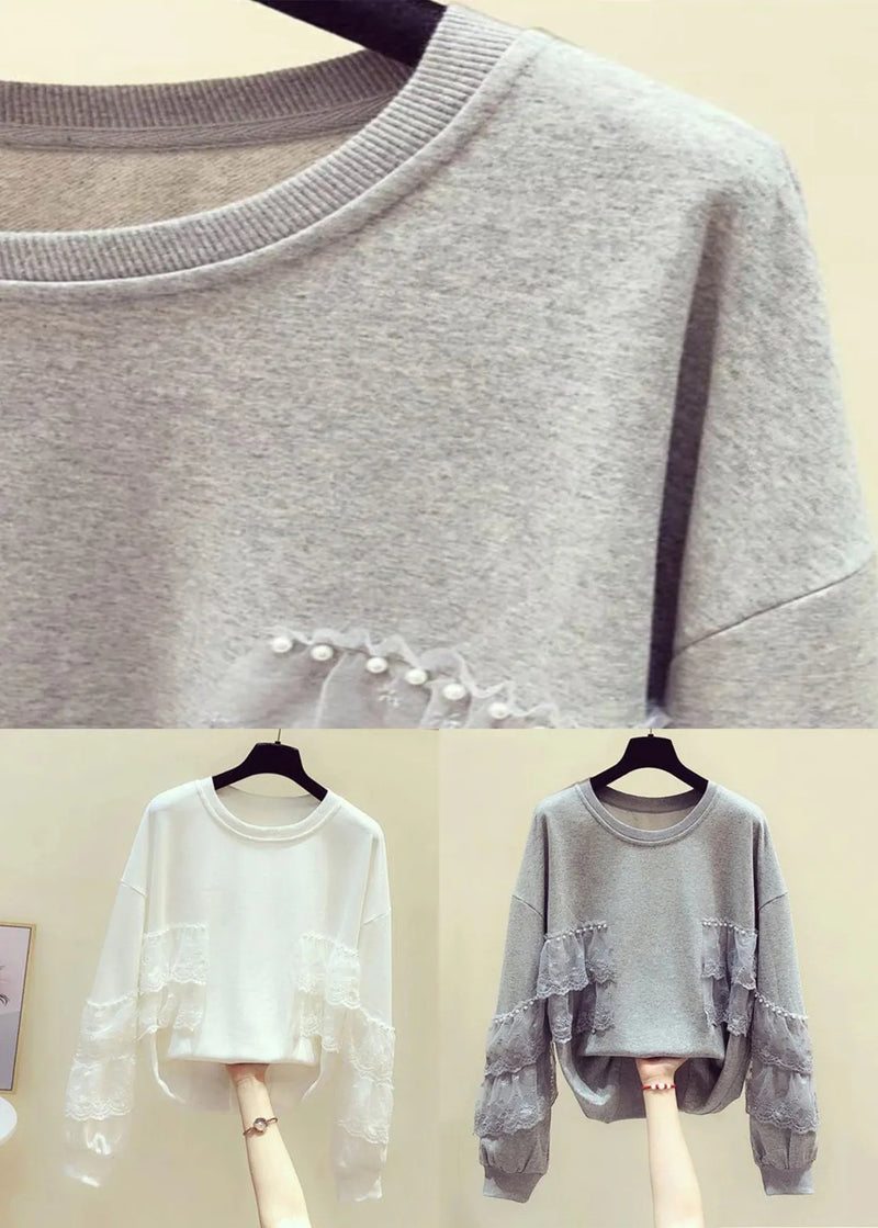 White Lace Patchwork Sweatshirts O Neck Spring