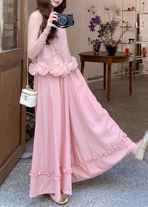 Pink Jacquard Three-dimensional Flower Sets 2 Pieces Sleeveless