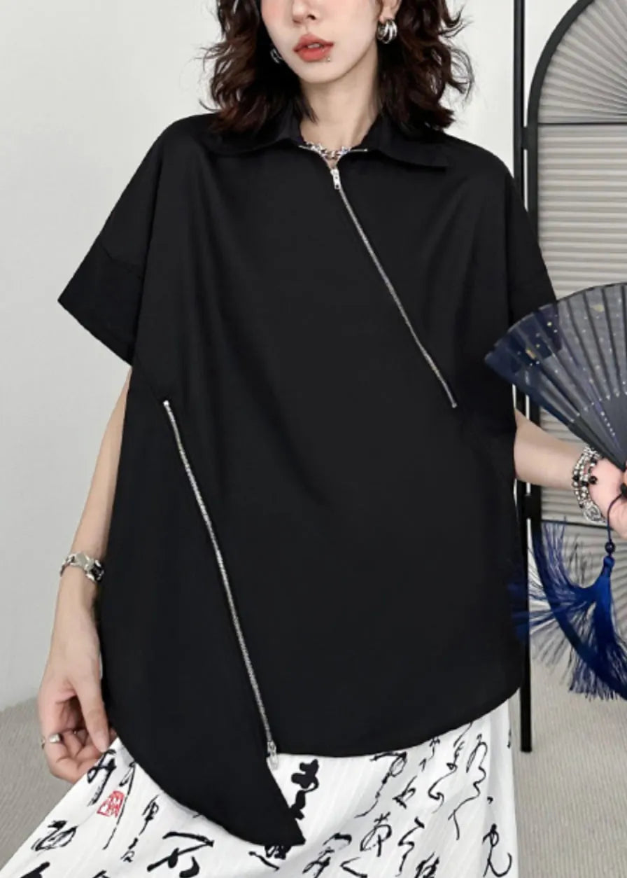 Black Zippered Asymmetrical Patchwork Cotton Blouses Short Sleeve