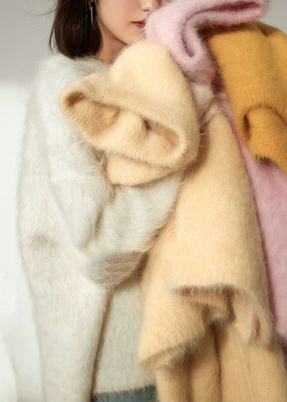 Natural White O-neck Cozy Woolen Knit Sweaters Winter