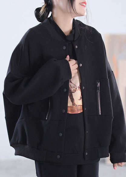 Loose Black O-neck Zippered Button Pockets Cotton Coats Long Sleeve