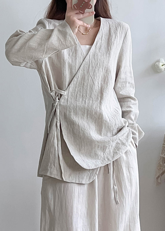 Chinese Style White V Neck Lace Up Linen Shirt Top Spring