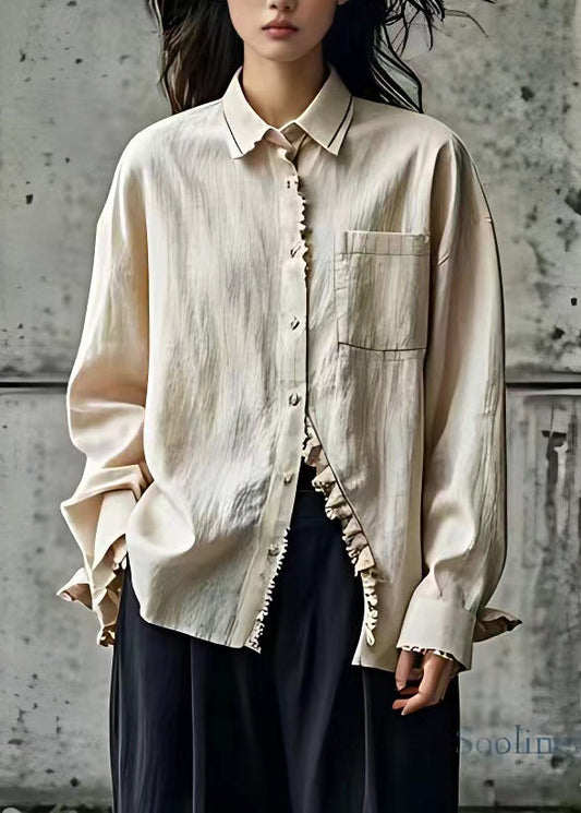 Beige Peter Pan Collar Button Shirt Long Sleeve