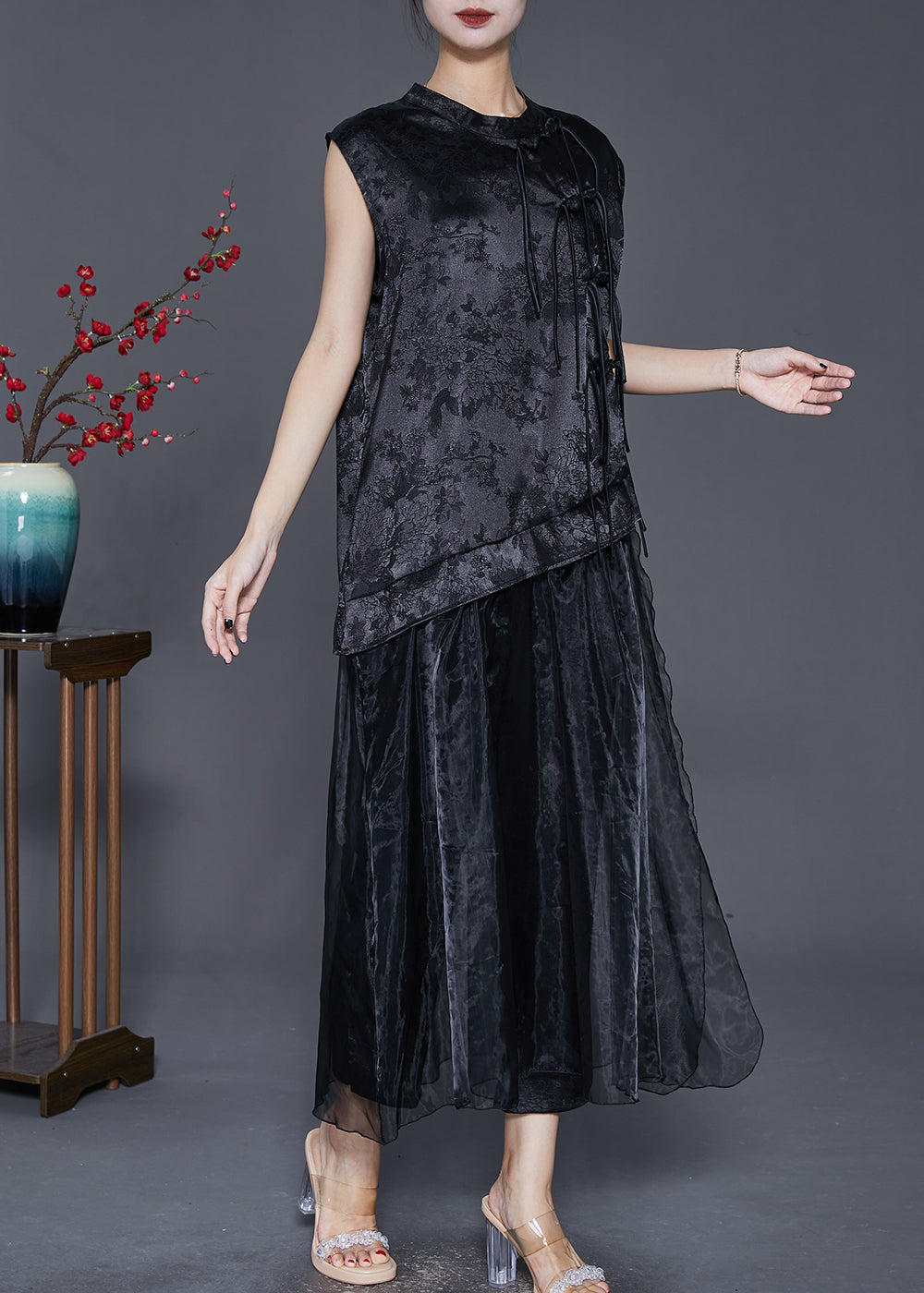 Black Asymmetrical Jacquard Silk Two Piece Set Fall