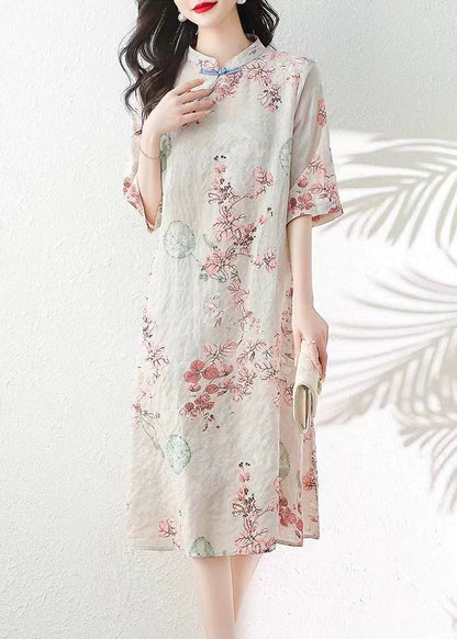 Apricot Button Print Linen Dress Half Sleeve