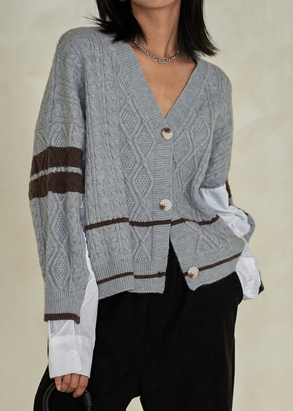 Grey V Neck Button Patchwork Cotton Knit Top Fall