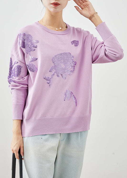 Organic Purple Sequins O-neck Knit Sweater Winter
