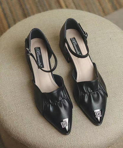 Buckle Strap Splicing Low Heel Red Faux Leather Pointed Toe