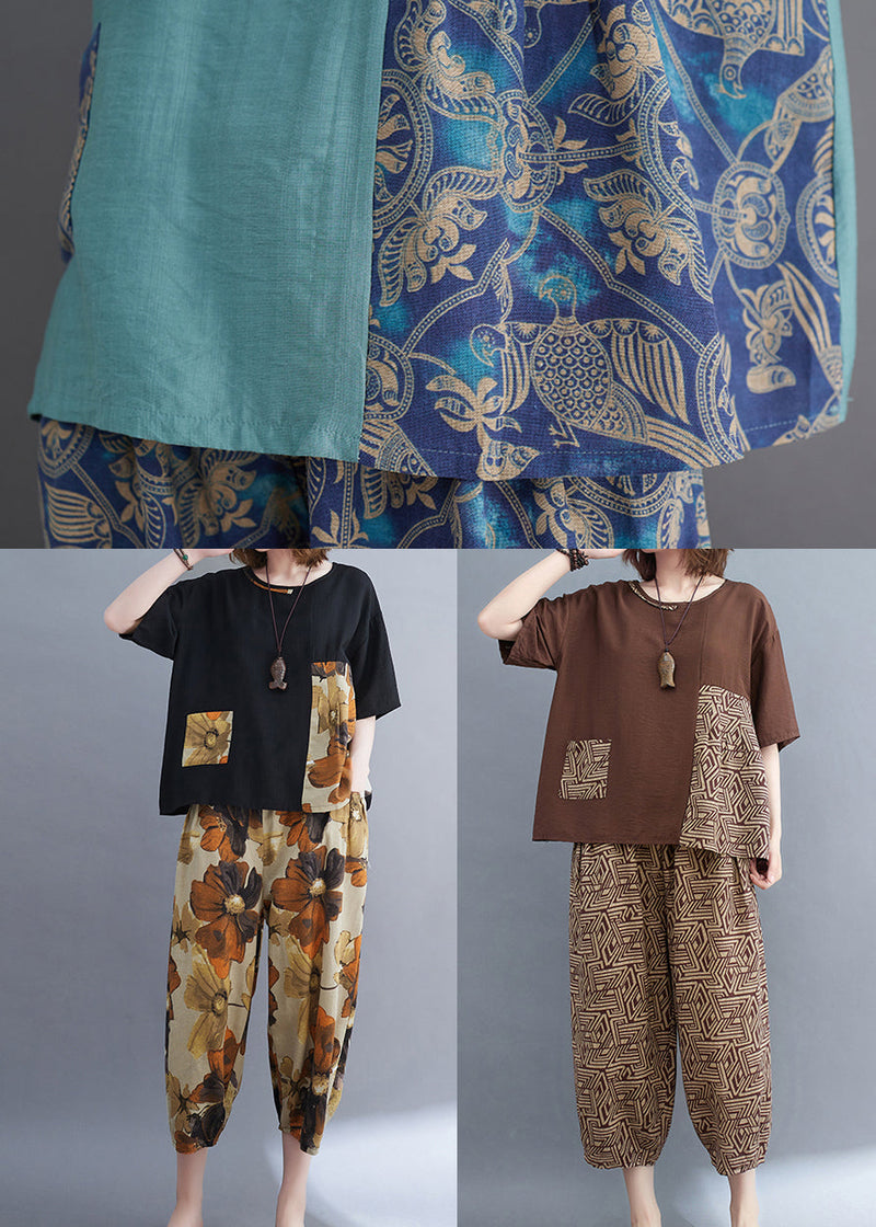 Blue Asymmetrical Patchwork Cotton Two Pieces Set Summer