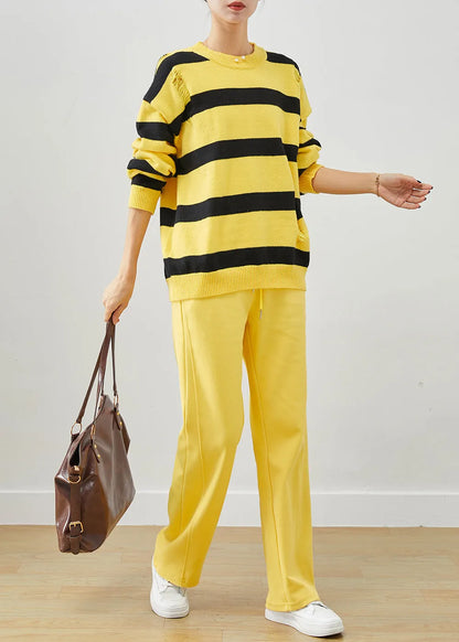 Yellow Oversized Striped Knit Ripped Two Pieces Set Fall