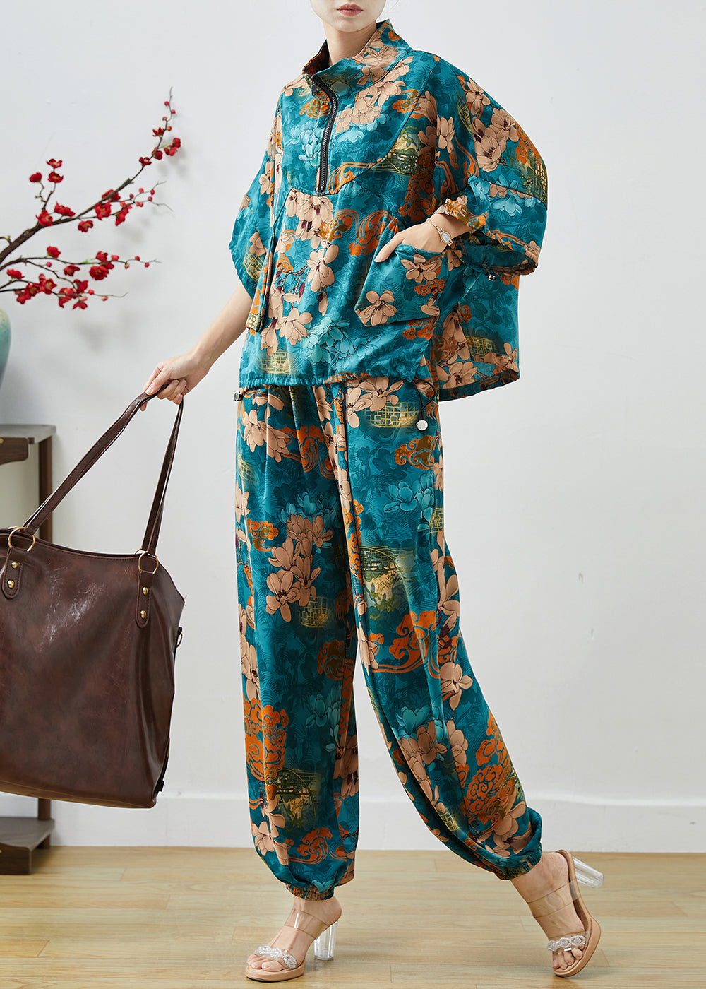 Sea Blue Zip Up Print Chiffon Two Pieces Set Summer