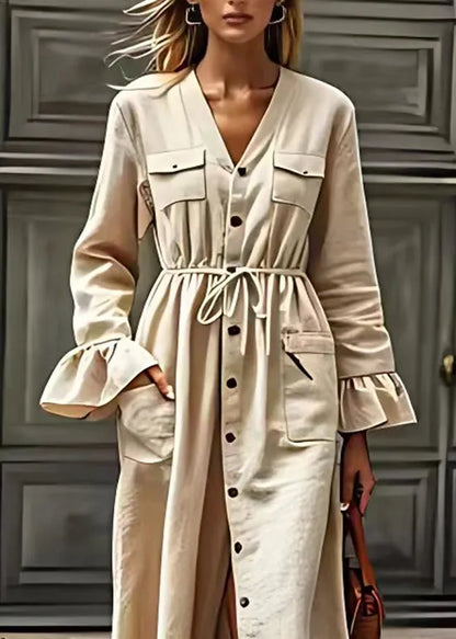 Beige V Neck Drawstring Pockets Cotton Dresses Long Sleeve
