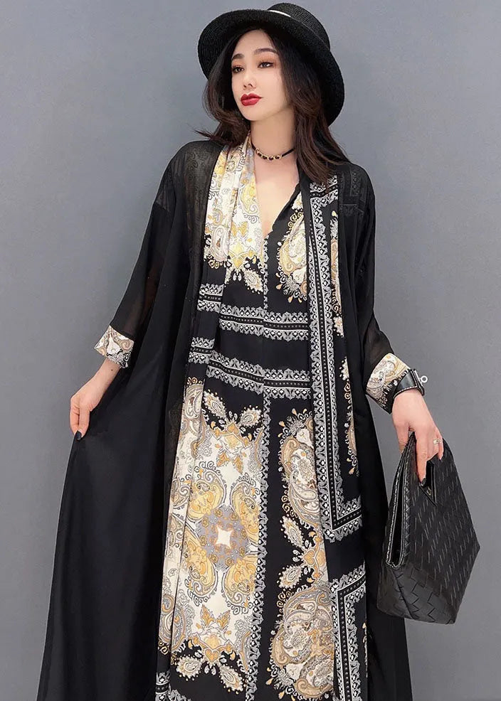 Style V Neck Print Sashes Chiffon Long Dress and Long Cardigans Two Pieces Set Summer