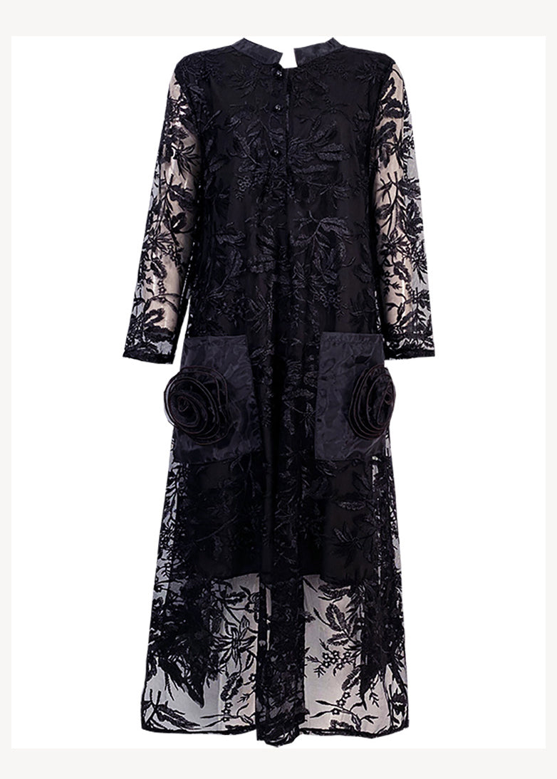 Italian Black Stand Collar Embroideried Pockets Patchwork Tulle Dress Fall