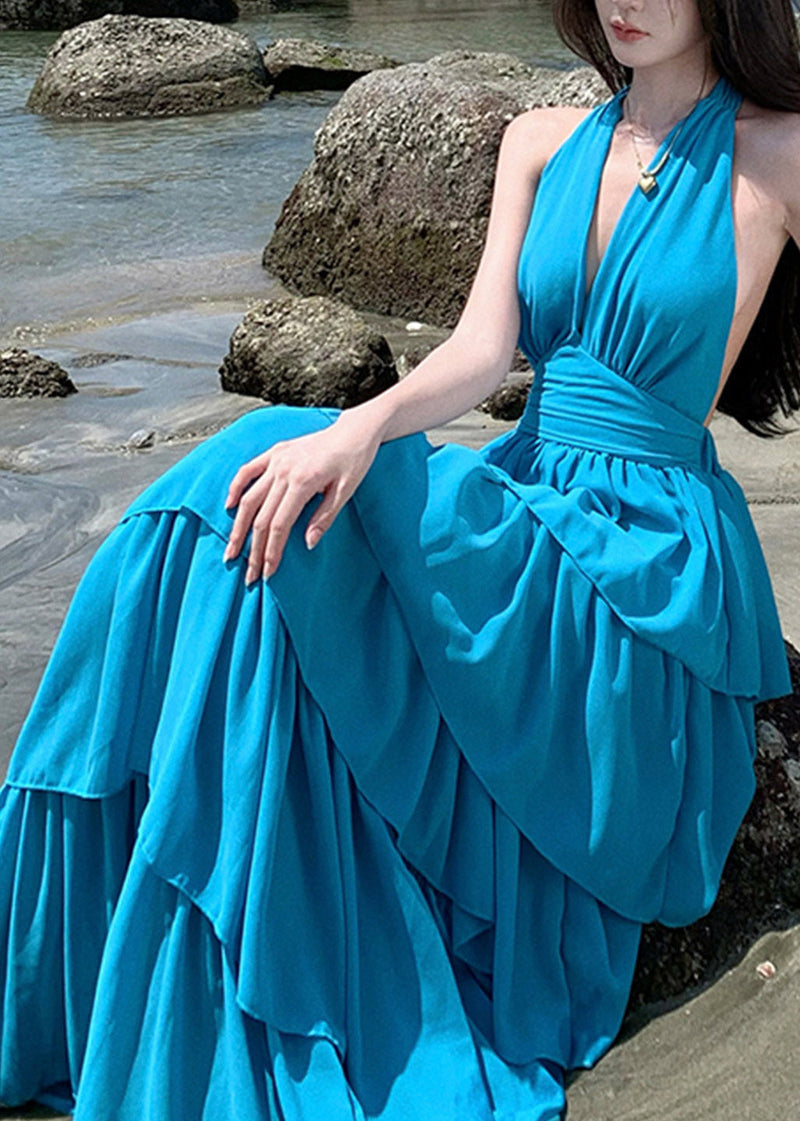 Beach Red V Neck Halter Backless Maxi Cake Dress Sleeveless