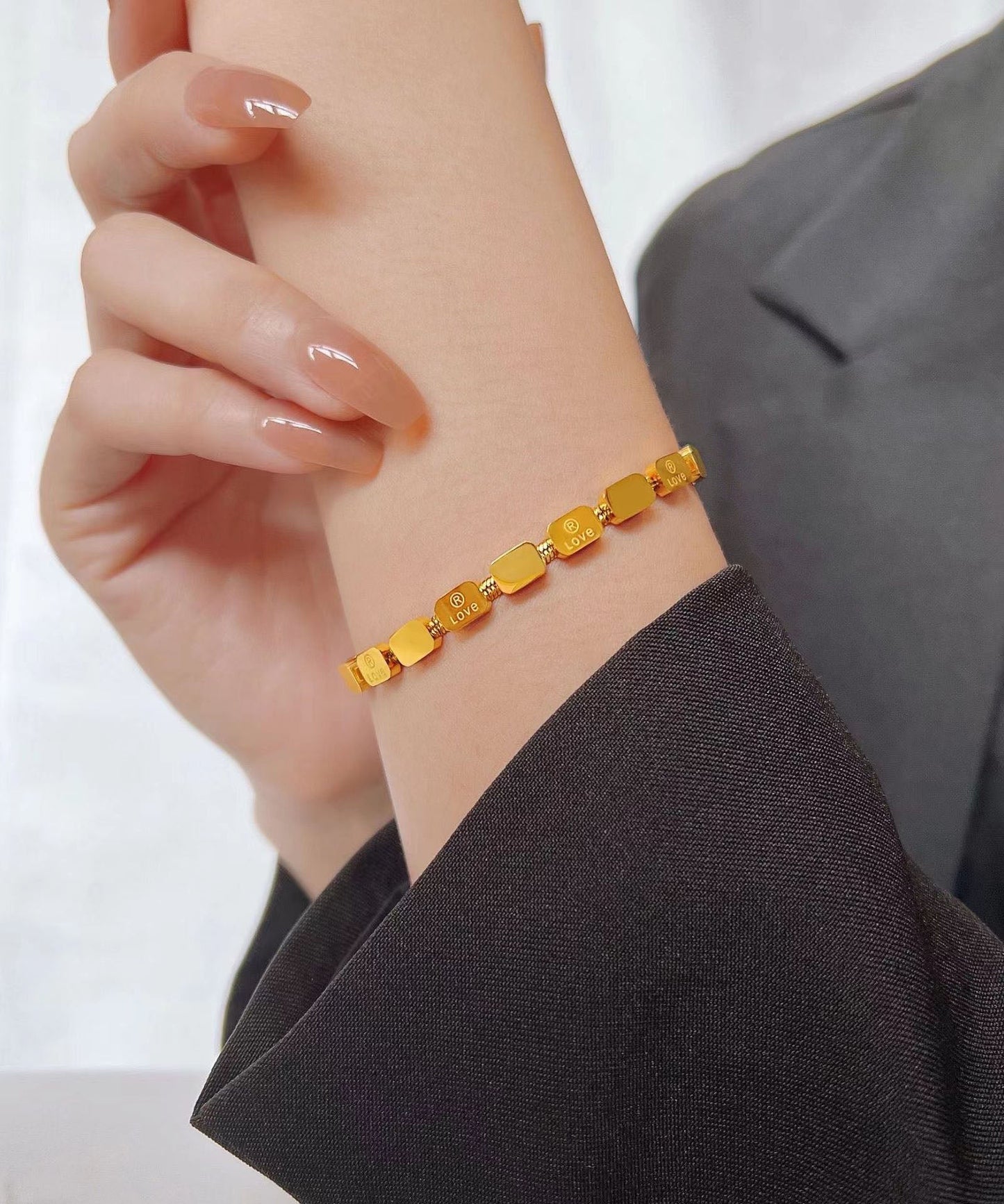 Gold Stainless Steel Love Square Snake Bone Chain Bracelet
