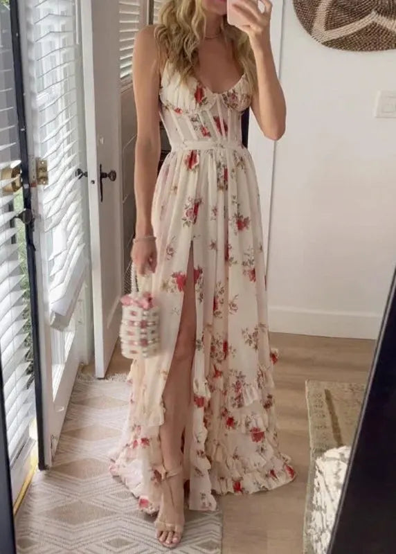 White Ruffled Print Side Open Cotton Long Dresses Sleeveless