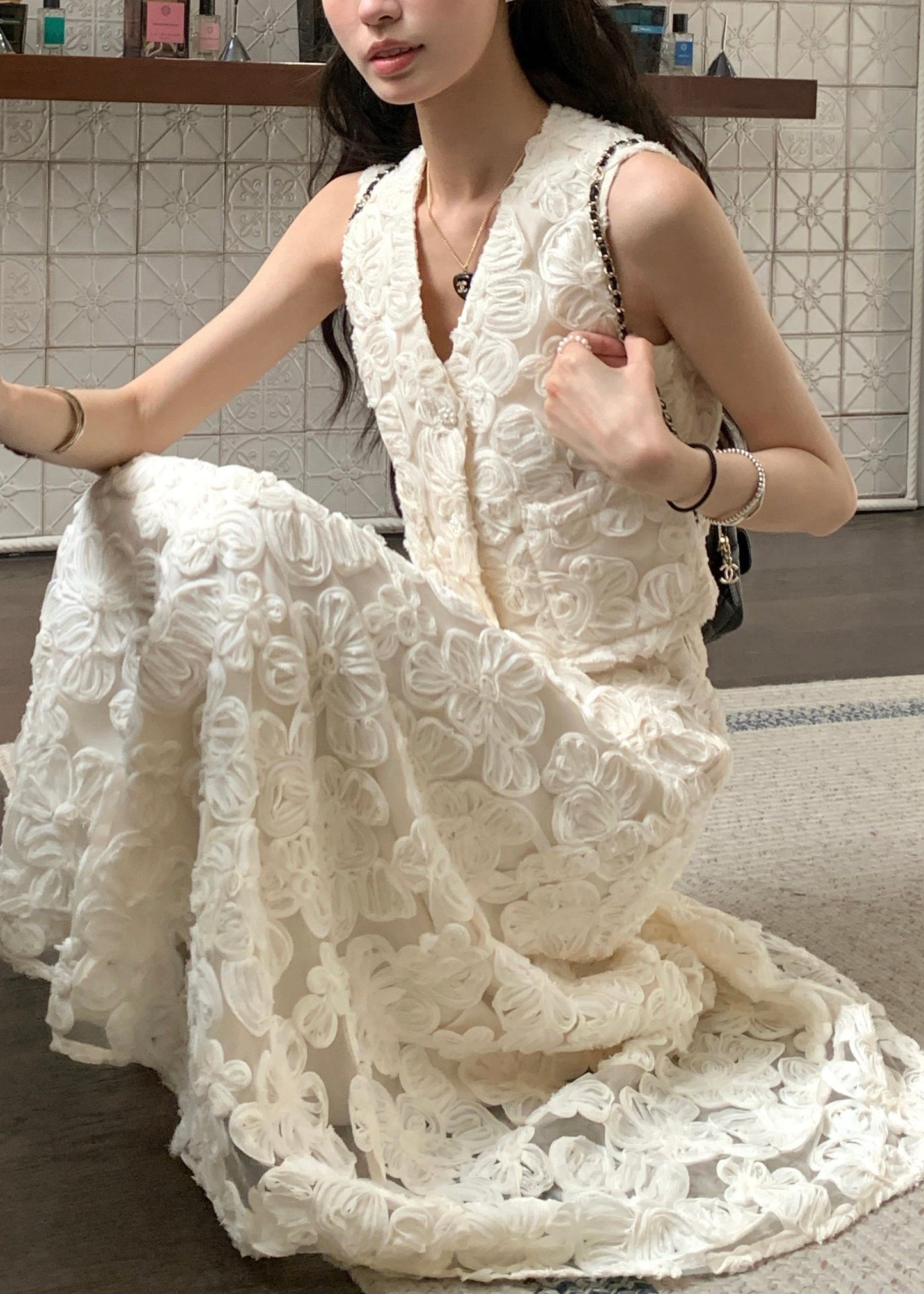 Beige V Neck High Waist Cotton Two Pieces Set Sleeveless