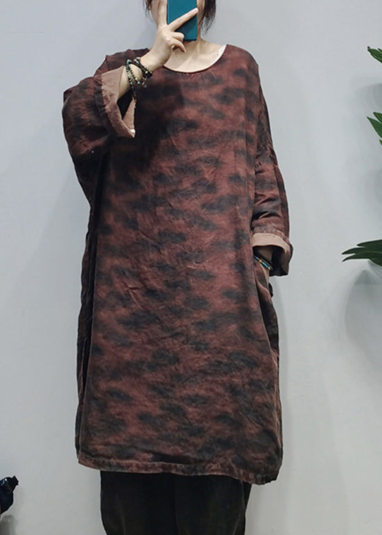 Loose Green O-neck Side Open Linen Dresses Caftan Long Sleeve
