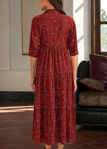 Red Peter Pan Collar Print Cotton Long Dress Half Sleeve