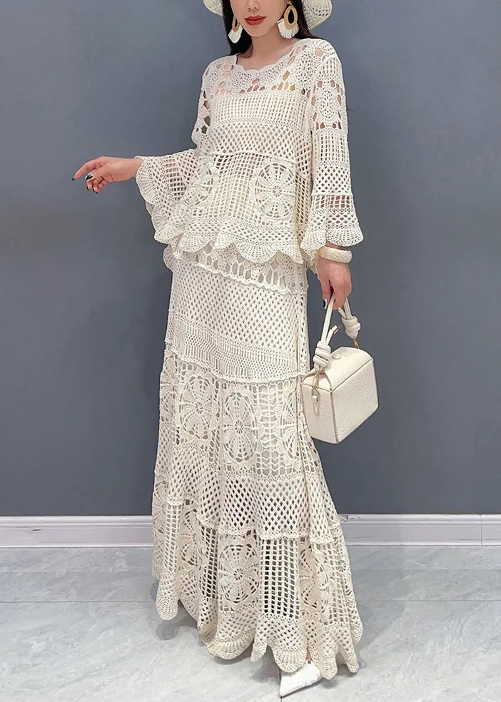 Beige Hollow Out Tops and Skirts Knit Two Piece Set Long Sleeve