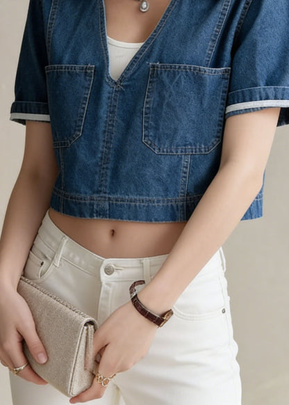 Navy Peter Pan Collar Pockets Denim Short Top Summer