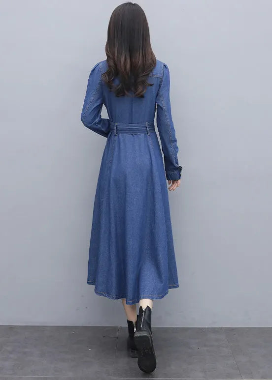 Italian Blue Square Collar Button Pockets Sashes Cotton Denim Long Dresses Long Sleeve