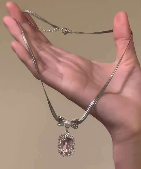 Pink Copper Overgild Zircon Bow Pendant Necklace