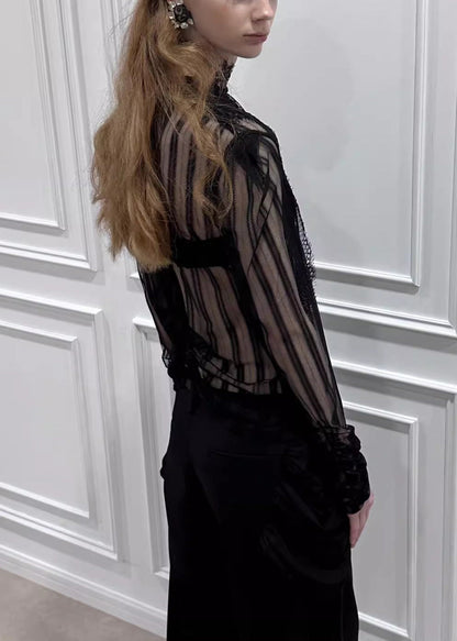 Black Stand Collar Lace Tulle Top Long Sleeve