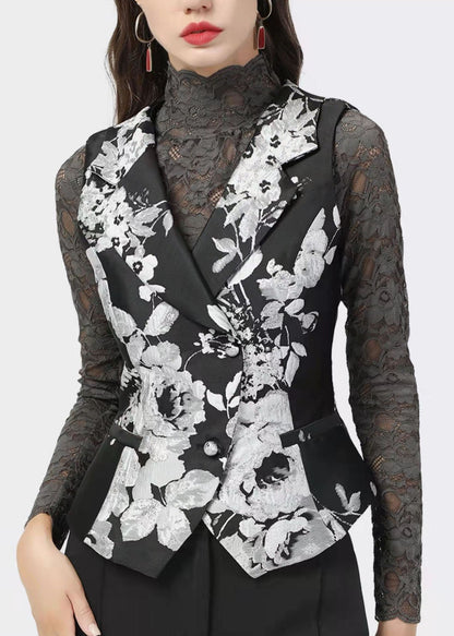 Slim Fit Black Peter Pan Collar Button Print Vest Tops Spring