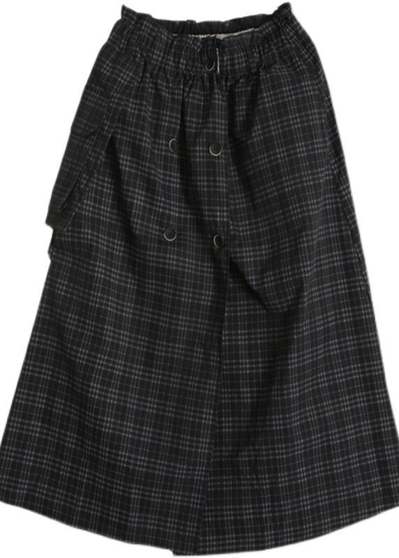 Black Plaid Button Pockets Summer Cotton Skirts