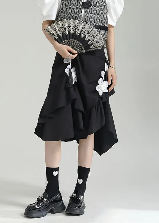 Black Wrinkled Asymmetrical Patchwork Cotton Skirt Fall